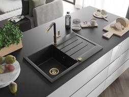 Mexen Bruno žulový drez s 1 komorou, odkvapkávačom a kuchynskou batériou Flora, čierny/zlatý metalik