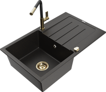 Mexen Bruno žulový drez s 1 komorou, odkvapkávačom a kuchynskou batériou Flora, čierny/zlatý metalik