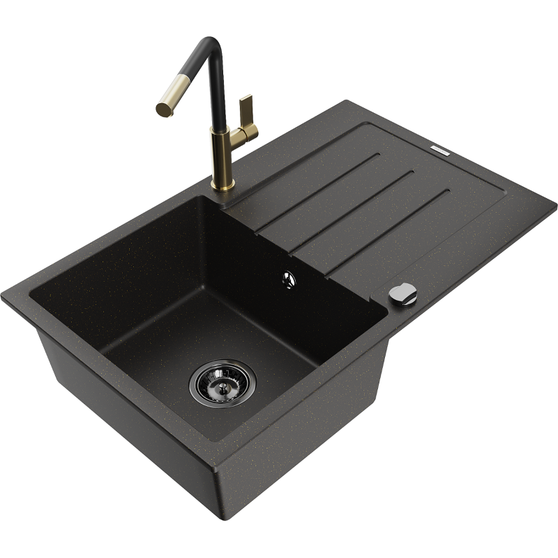 Mexen Bruno granitový drez s 1 komorou s odkvapkávačom a kuchynskou batériou Flora, čierny/zlatý metalický