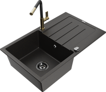 Mexen Bruno granitový drez s 1 komorou s odkvapkávačom a kuchynskou batériou Flora, čierny/zlatý metalický