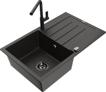 Mexen Bruno granitový drez s 1 komorou a odkvapkávačom a kuchynskou batériou Flora, čierna/zlatý metalický