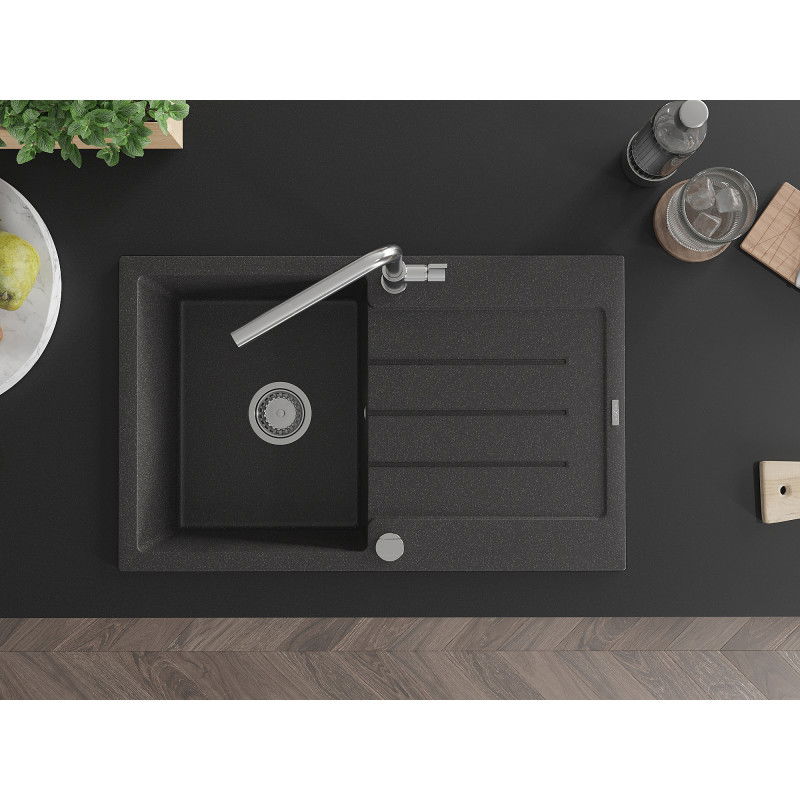 Mexen Bruno žulový drezu s odkapávacou plochou a kuchynskou batériou Flora, čierny kropenatý - 6513-76-670401-00