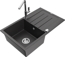 Mexen Bruno žulový drezu s odkapávacou plochou a kuchynskou batériou Flora, čierny kropenatý - 6513-76-670401-00