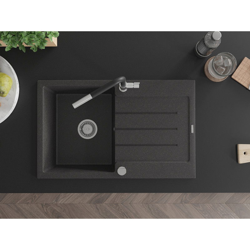 Mexen Bruno granitový drez 1-komorový s odkvapkávačom a kuchynskou batériou Flora, čierny škvrnitý - 6513-76-670401-07