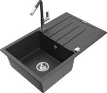 Mexen Bruno žulový kuchynský drez 1-komorový s odkvapkávačom a kuchynskou batériou Flora, čierny bodkovaný - 6513-76-670401-08