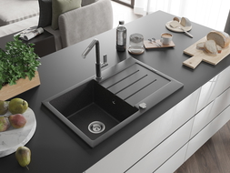 Mexen Bruno žulový kuchynský drez 1-komorový s odkvapkávačom a kuchynskou batériou Flora, čierny bodkovaný - 6513-76-670401-08