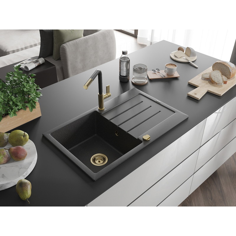 Mexen Bruno granitový drez s jednou komorou, odkvapkávačom a kuchynskou batériou Flora, čierny s bodkami