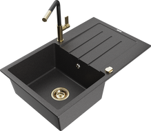 Mexen Bruno jednokomorový žulový drez s odkvapávačom a kuchynskou batériou Flora, čierna bodkovaná - 6513-76-670401-57-G