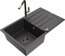Mexen Bruno granitový drez 1-komorový s odkvapkávačom a kuchynskou batériou Flora, čierny bodkovaný - 6513-76-670401-57-B