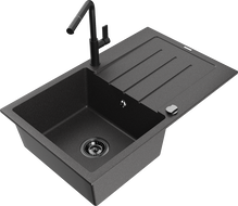 Mexen Bruno žulový drez 1-komorový s odkvapkávačom a kuchynskou batériou Flora, čierny so škvrnami - 6513-76-670401-70-B