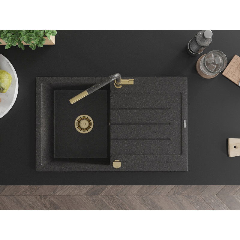 Mexen Bruno granitový drez 1-komorový s odkladacou plochou a kuchynskou batériou Flora, čierno škvrnitý - 6513-76-670401-75-G