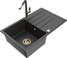 Mexen Bruno granitový drez 1-komorový s odkladacou plochou a kuchynskou batériou Flora, čierno škvrnitý - 6513-76-670401-75-G