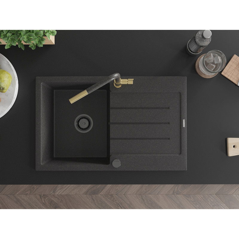 Mexen Bruno granitový drez 1-komorový s odkvapkávačom a kuchynskou batériou Flora, čierny bodkovaný - 6513-76-670401-75-B