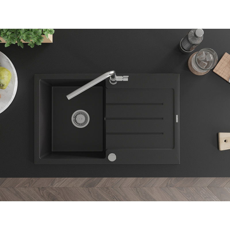Mexen Bruno jednokomorový granitový drez s odkvapkávačom a kuchynskou batériou Flora, čierny - 6513-77-670401-00