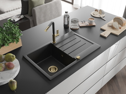 Mexen Bruno žulový kuchynský drez 1-komorový s odkvapkávačom a kuchynskou batériou Flora, čierny - 6513-77-670401-57-G