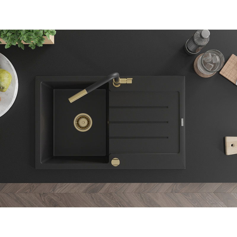 Mexen Bruno žulový kuchynský drez 1-komorový s odkvapkávačom a kuchynskou batériou Flora, čierny - 6513-77-670401-57-G