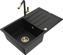 Mexen Bruno žulový kuchynský drez 1-komorový s odkvapkávačom a kuchynskou batériou Flora, čierny - 6513-77-670401-57-G