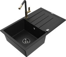Mexen Bruno jednokomorový granitový drez s odkvapkávacou plochou a kuchynskou batériou Flora, čierna - 6513-77-670401-57-B