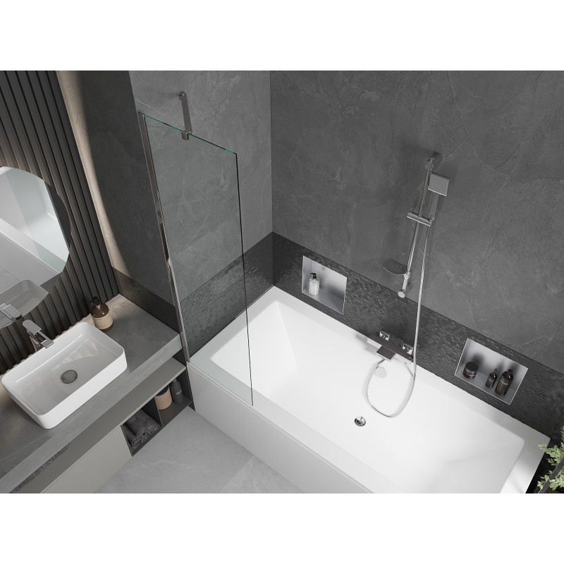 Mexen Cube obdĺžniková vaňa 170 x 80 cm s panelom a 1-krídlovou zástienkou 50 cm, transparentná, chróm