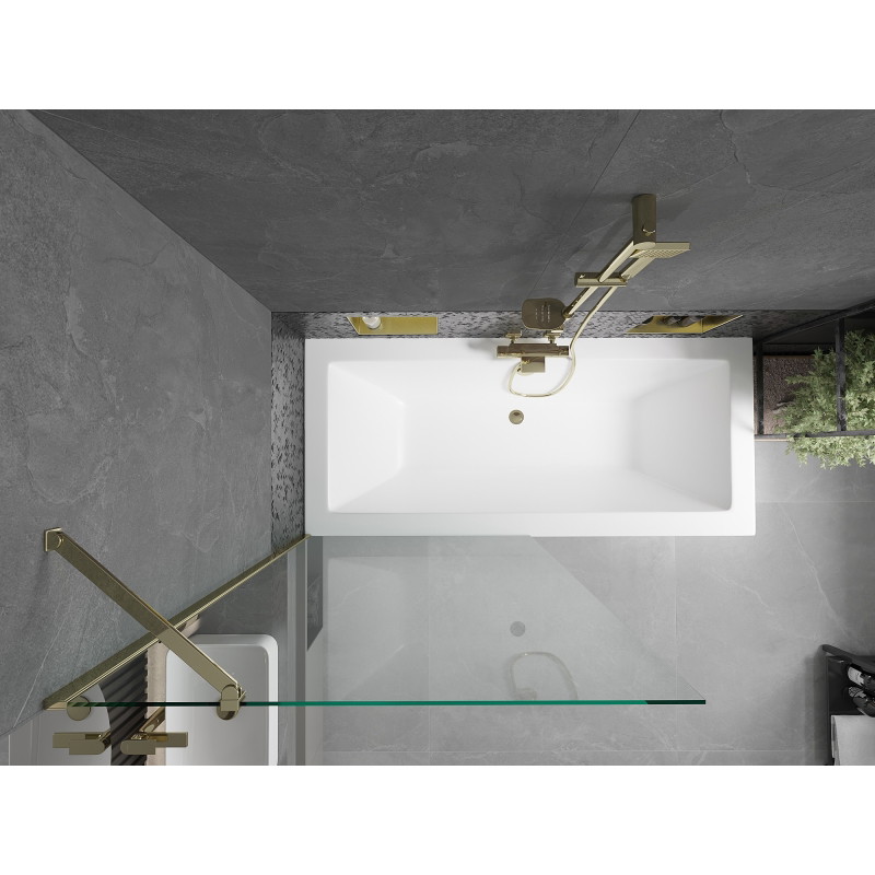 Mexen Cube obdĺžniková vaňa 170 x 80 cm so zástenou a panelom 1-krídlová 90 cm, transparentná, zlatá