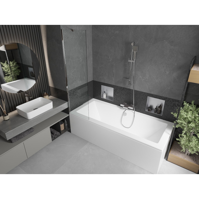 Mexen Cube obdĺžniková vaňa 180 x 80 cm s panelom a 1-krídlovou zástenou 50 cm, transparentná, chróm