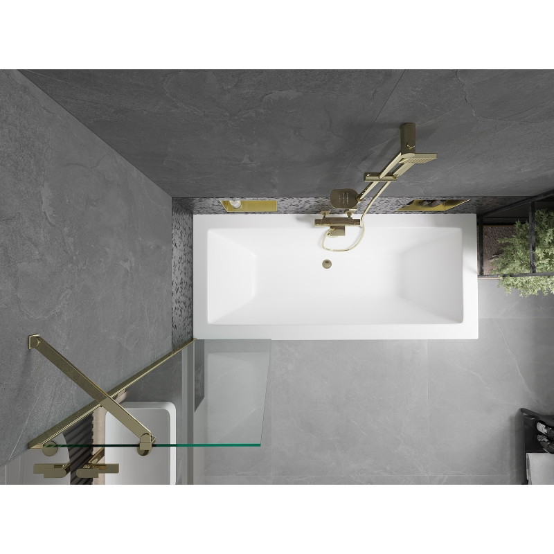 Mexen Cube obdĺžniková vaňa 180 x 80 cm s obložením a 1-krídlovým závesom 50 cm, priehľadná, zlatá