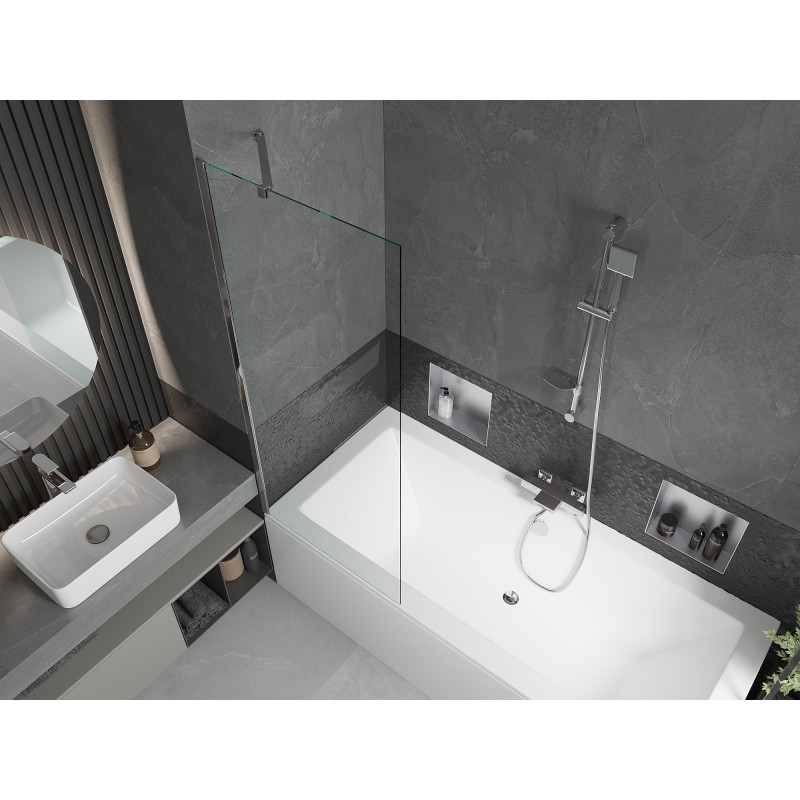 Mexen Cube rectangulárna vaňa 180 x 80 cm s panelom a jednokrídlovým paravánom 70 cm, priehľadná, chróm