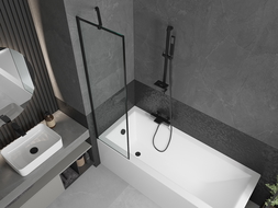 Mexen Cubik obdĺžniková vaňa 150 x 70 cm s panelom a jednokrídlovou zástienkou 50 cm, čierny vzor - 550315070X9505007070