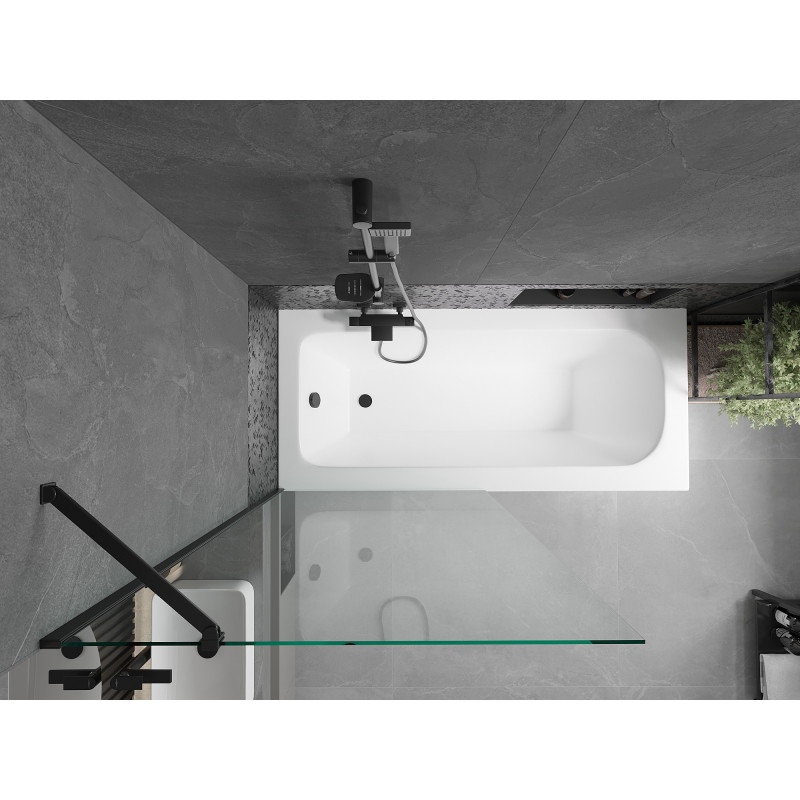 Mexen Vega obdĺžniková vaňa 150 x 70 cm s panelom a 1-krídlovým závesom 90 cm, transparentná, čierna