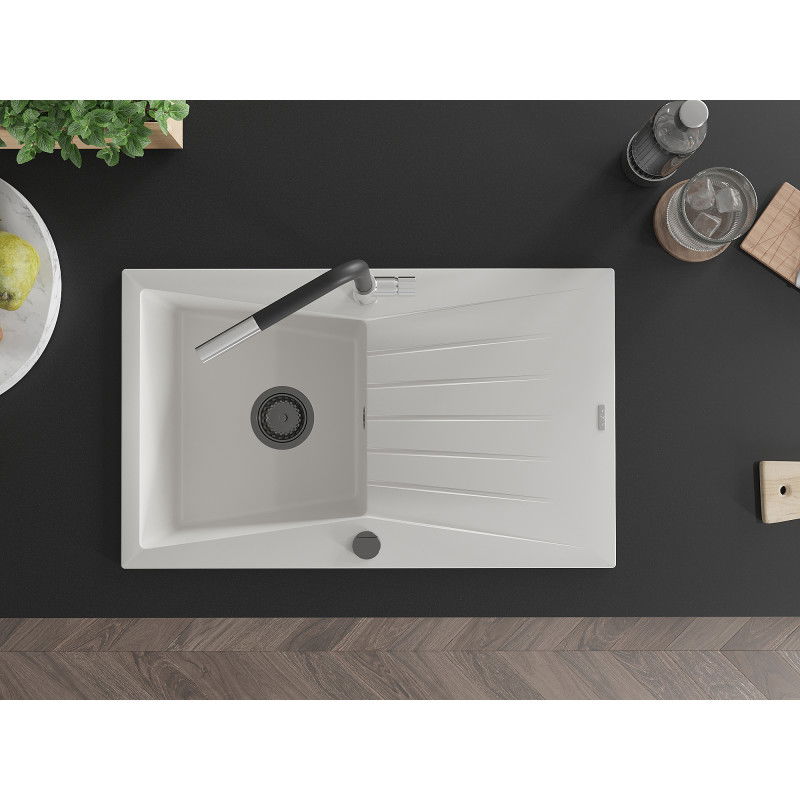 Mexen Cesar granitový drez 1-komorový s odkvapkávačom a kuchynskou batériou Flora, biely - 6514-20-670401-07-B