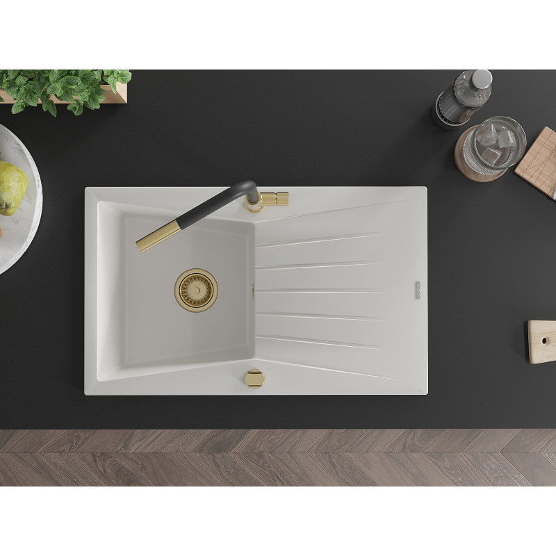 Mexen Cesar jednokomorový granitový drez s odkvapkávacou plochou a kuchynskou batériou Flora, biely - 6514-20-670401-57-G