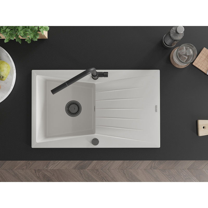 Mexen Cesar granitový drez 1-komorový s odkvapkávačom a kuchynskou batériou Flora, biely - 6514-20-670401-70-B
