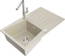 Mexen Cesar jednokomorový granitový drez s odkvapkávačom a kuchynskou batériou Flora, béžový - 6514-69-670401-00