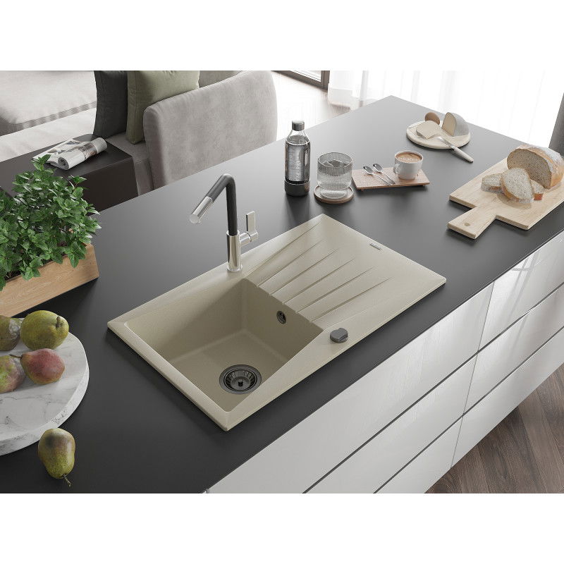 Mexen Cesar žulový drez, 1-komorový s odkvapkávačom a kuchynskou batériou Flora, béžový - 6514-69-670401-07-B