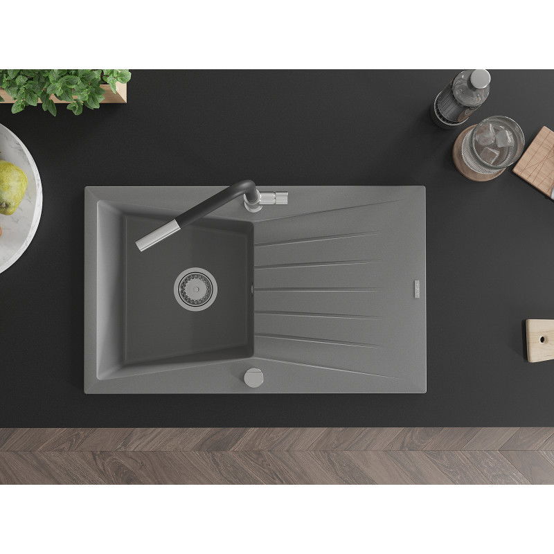 Mexen Cesar žulový drez 1-komorový s odkvapkávačom a kuchynskou batériou Flora, sivý - 6514-71-670401-07