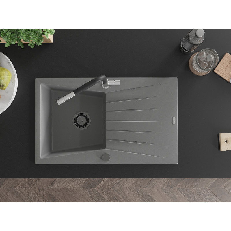 Mexen Cesar granitový drez s odkvapkávačom a kuchynskou batériou Flora, sivý - 6514-71-670401-07-B