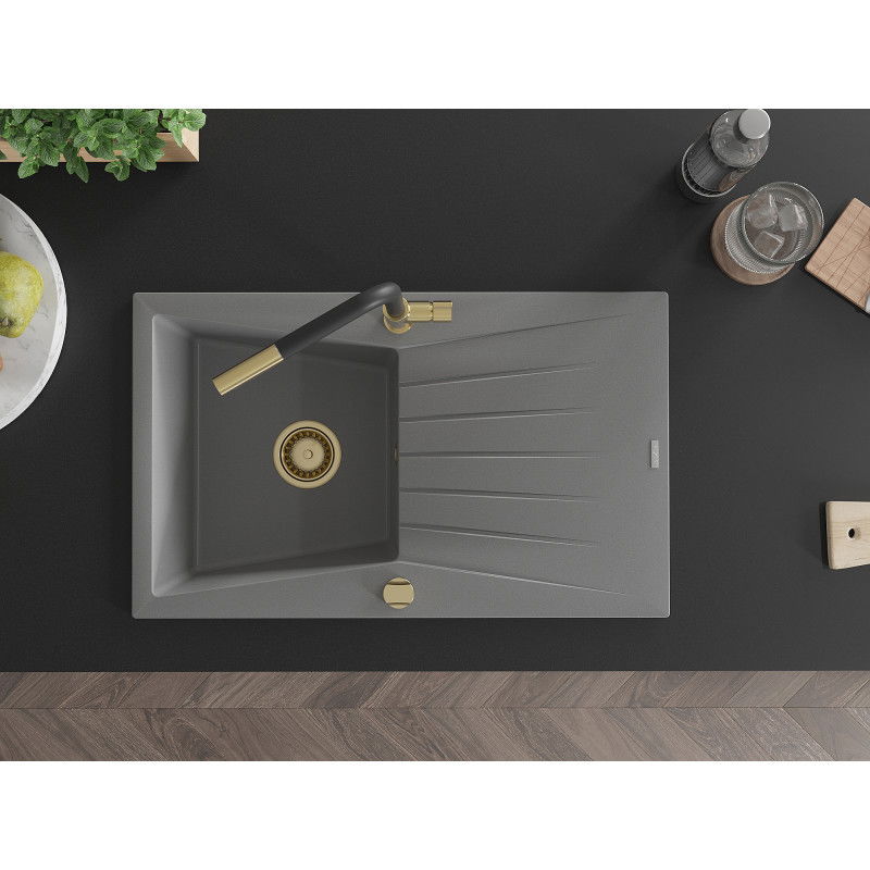 Mexen Cesar žulový drez s 1 komorou, odkvapkávačom a kuchynskou batériou Flora, sivý - 6514-71-670401-57-G