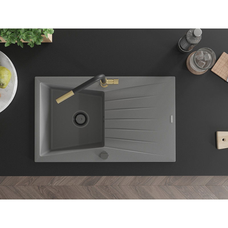 Mexen Cesar granitový drez s 1 komorou a odkvapkávačom s kuchynskou batériou Flora, šedý - 6514-71-670401-57-B