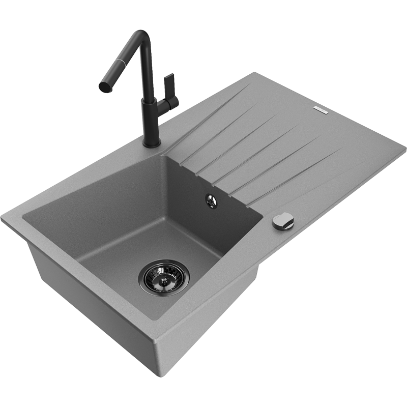 Mexen Cesar granitový drez 1-komorový s odkvapkávačom a kuchynskou batériou Flora, sivý - 6514-71-670401-70-B