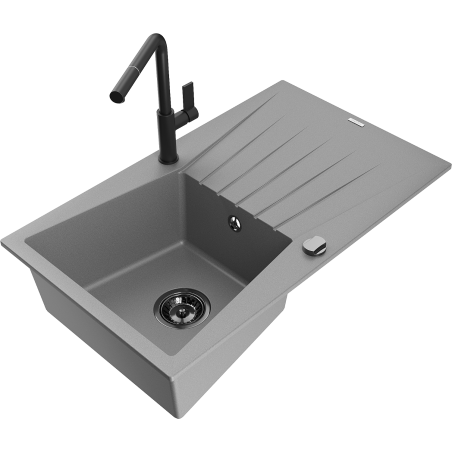 Mexen Cesar granitový drez 1-komorový s odkvapkávačom a kuchynskou batériou Flora, sivý - 6514-71-670401-70-B