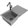 Mexen Cesar granitový drez 1-komorový s odkvapkávačom a kuchynskou batériou Flora, sivý - 6514-71-670401-70-B