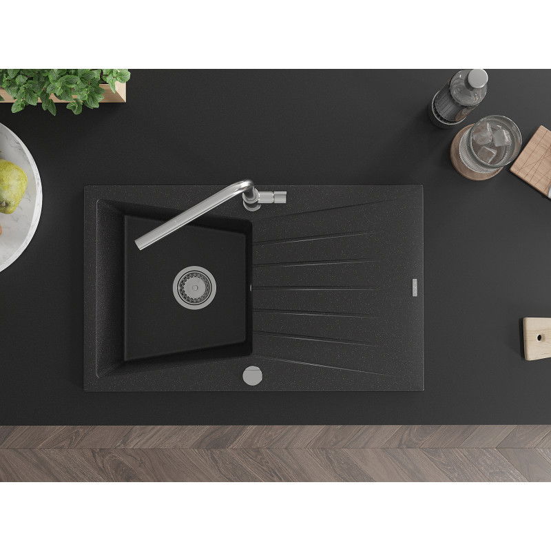 Mexen Cesar žulový drez s 1 komorou s odkvapkávačom a kuchynskou batériou Flora, čierny/strieborný metalik - 6514-73-670401-00