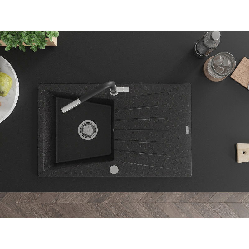 Mexen Cesar granitový drez s jednou komorou s odkvapkávačom a kuchynskou batériou Flora, čierny/strieborný metalik