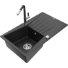 Mexen Cesar granitový drez s jednou komorou s odkvapkávačom a kuchynskou batériou Flora, čierny/strieborný metalik