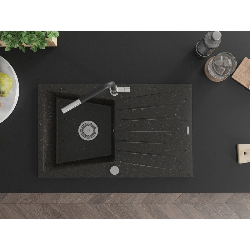 Mexen Cesar granitový kuchynský drez s 1 komorou a odkvapkávačom a kuchynskou batériou Flora, čierny/zlatý metalik