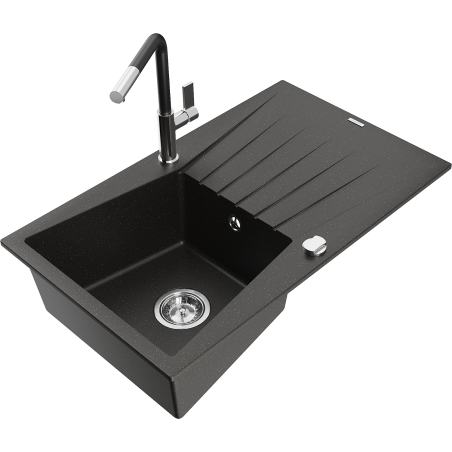 Mexen Cesar granitový kuchynský drez s 1 komorou a odkvapkávačom a kuchynskou batériou Flora, čierny/zlatý metalik