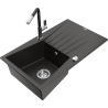 Mexen Cesar granitový kuchynský drez s 1 komorou a odkvapkávačom a kuchynskou batériou Flora, čierny/zlatý metalik