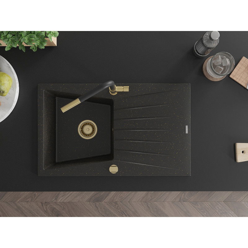 Mexen Cesar žulový drez s 1 komorou s odkvapkávačom a kuchynskou batériou Flora, čierny/zlatý metalický - 6514-75-670401-57-G