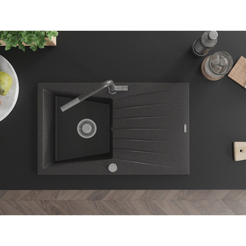 Mexen Cesar žulový drez 1-komorový s odkvapkávačom a kuchynskou batériou Flora, čierny bodkovaný - 6514-76-670401-08