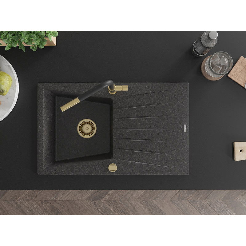 Mexen Cesar granitový drez s 1 komorou s odkvapkávačom a kuchynskou batériou Flora, čierny s bodkami - 6514-76-670401-57-G